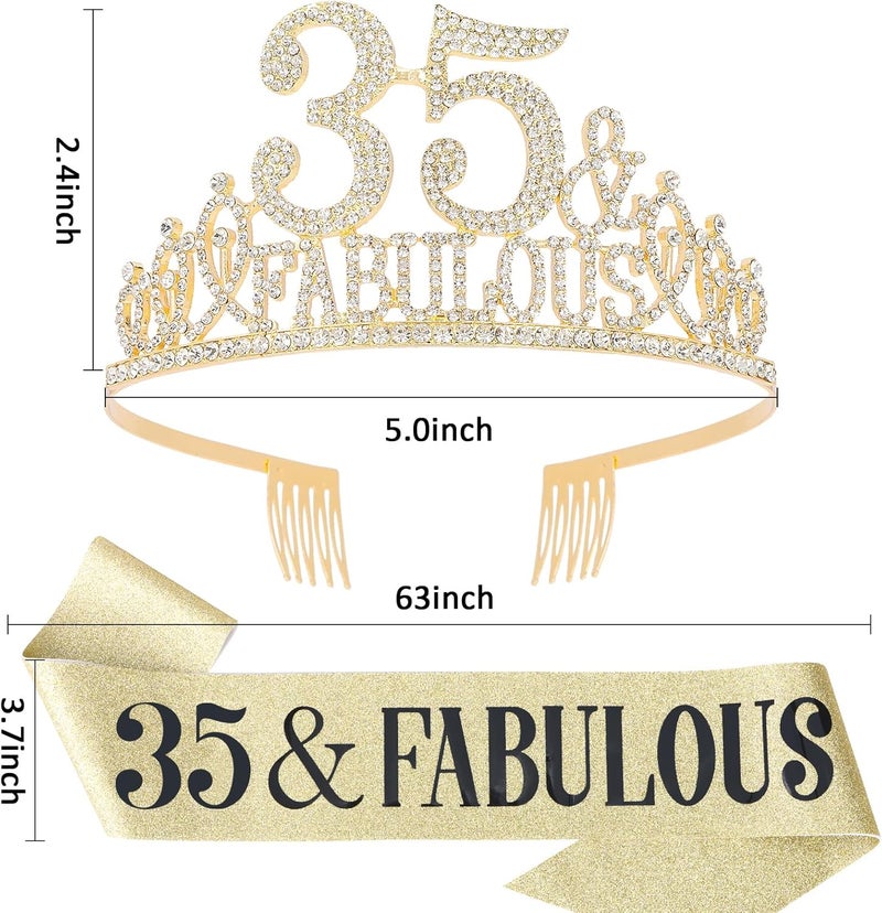 Hapdoo 35th Birthday Decorations for Women, 35th Birthday Gifts Sash and Crown for Women Set, 35 & Fabulous Party Supplies, Gold - Image 3